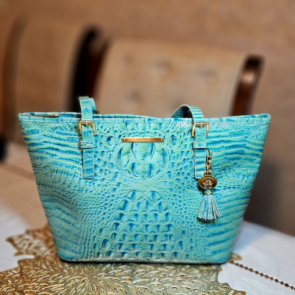 Brahmin Aqua Crocodile-Embossed Tote Bag